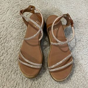 J&C Rose Gold Rhinestone Ankle Wrap Platform Sandal